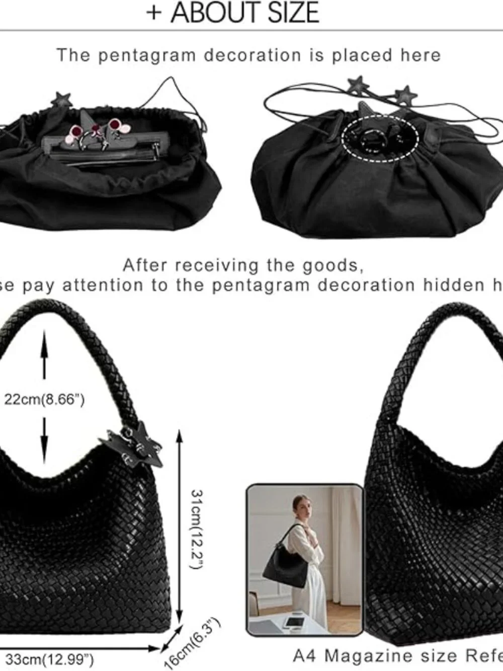 Woven Tote Bag Shoulder Handbags Black Hobo Handwoven Satchel Top Handle - Picture 5 of 6